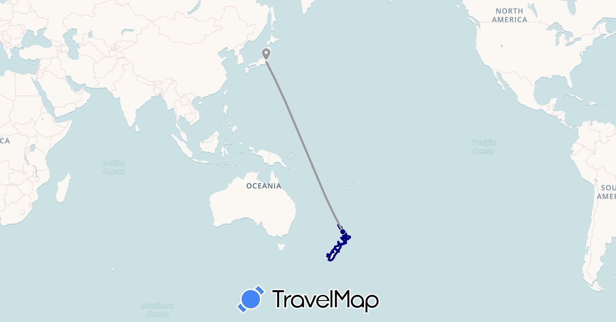 TravelMap itinerary: driving, plane, boat in Japan, New Zealand (Asia, Oceania)